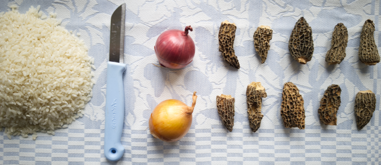 Mise en place for morel risotto