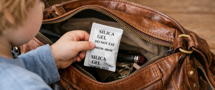 Silica gel sachets are commonly found in leather goods